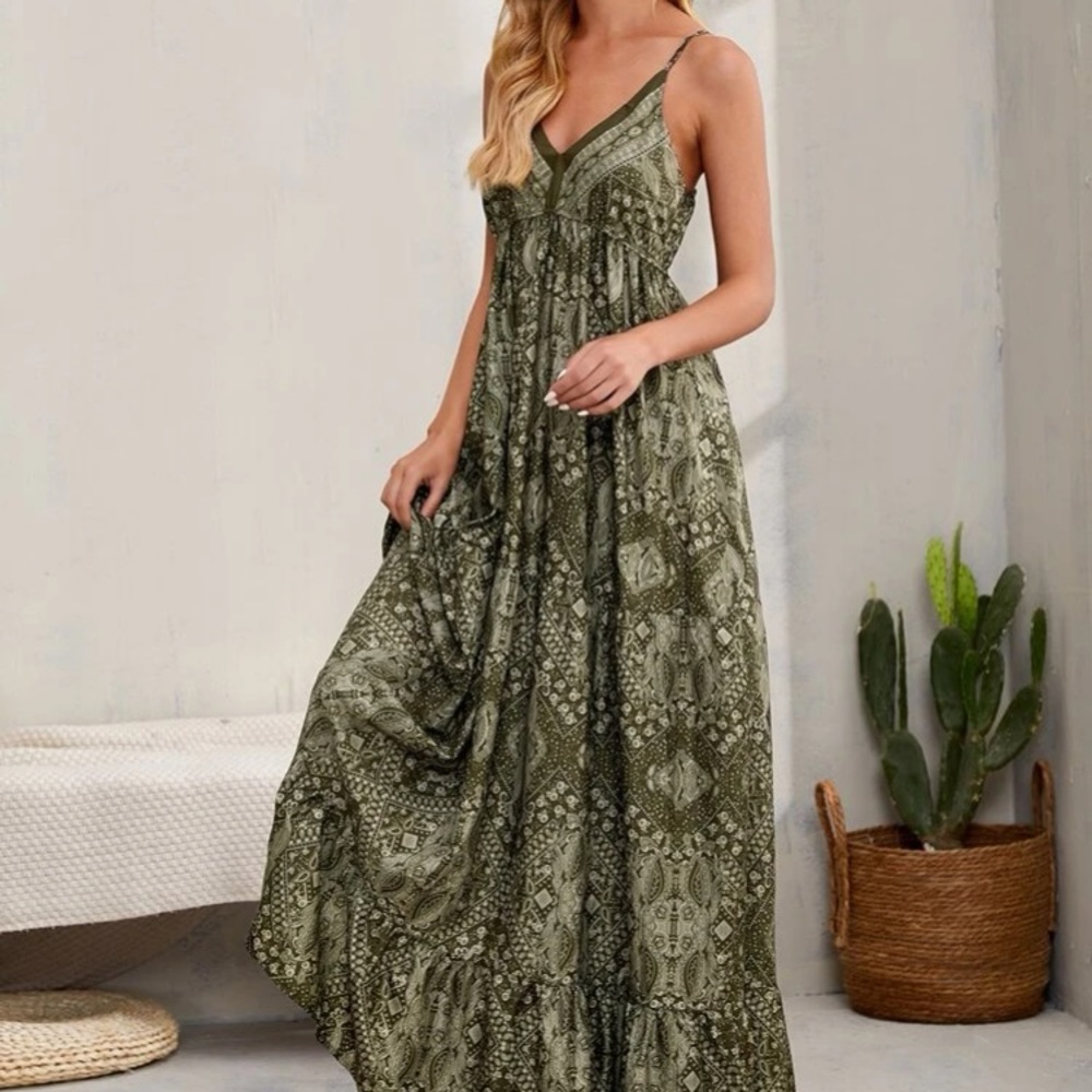 🍃 Olive print Hippie Maxi dress 🍃